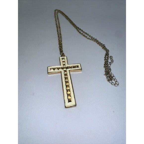 Cross Necklace Vtg White Enamel Gold Tone Rope Chain 28” - Picture 6 of 8